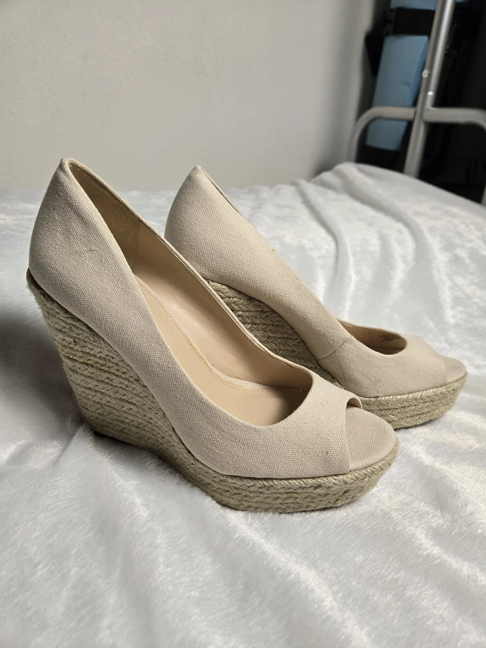 Vince Camuto Cream Canvas Peep-Toe Espadrille Wedges